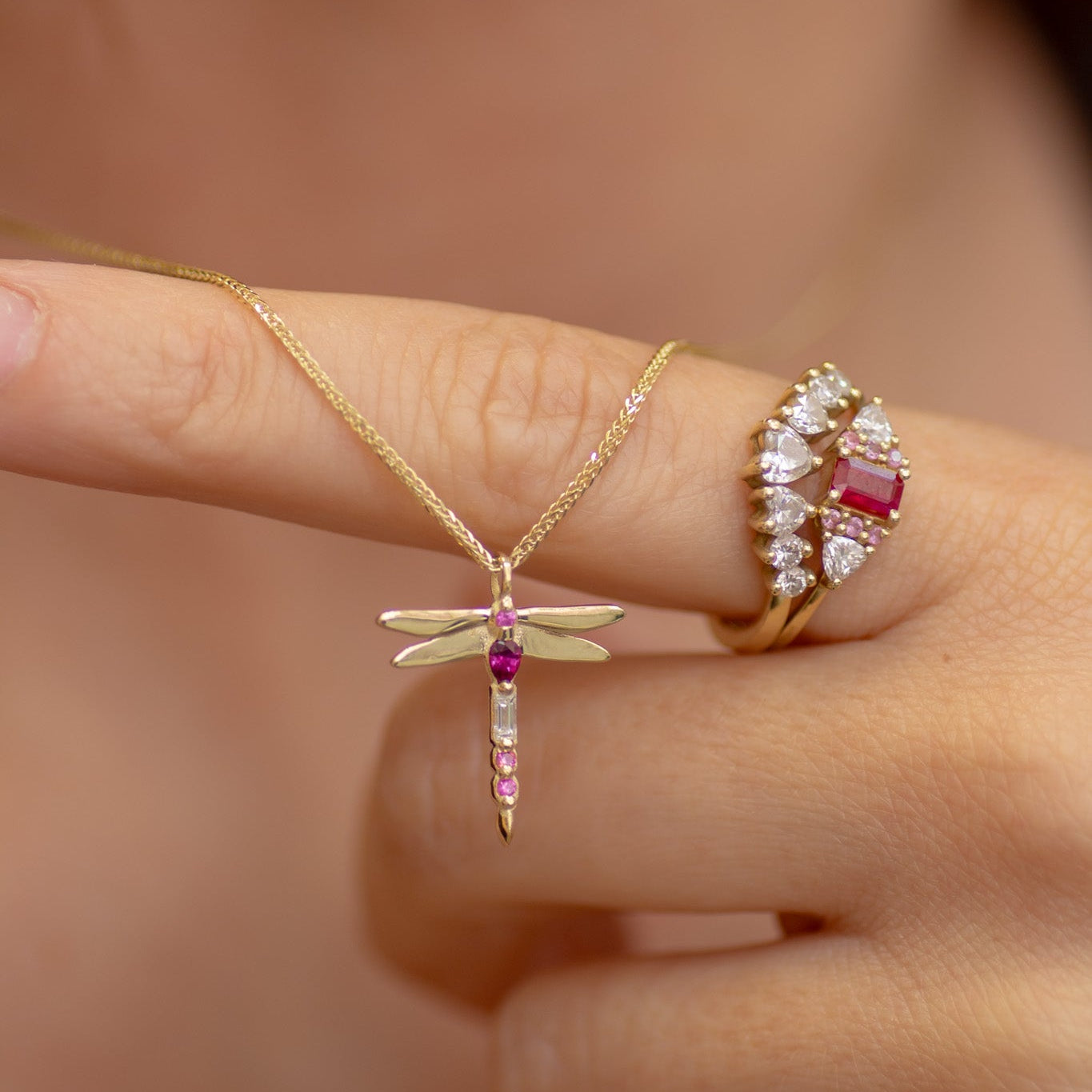 Dragonfly Ruby Necklace 14k gold
