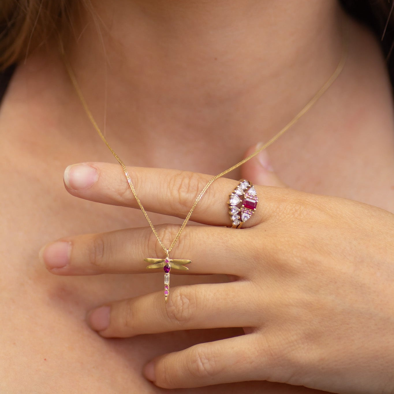 Dragonfly Ruby Necklace 14k gold