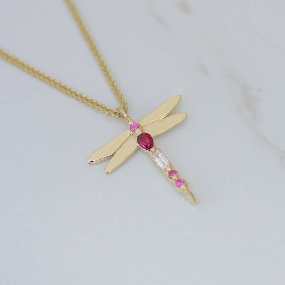 Dragonfly Ruby Necklace 14k gold