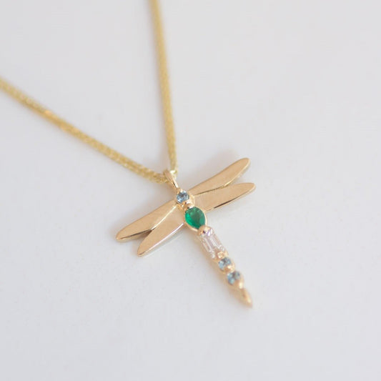 Dragonfly Emerald Necklace 14k gold