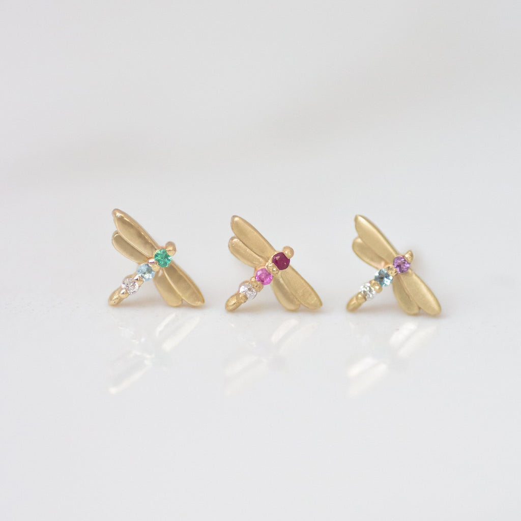Dragonfly earring stud 14k gold - Emerald