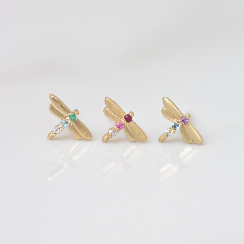 Dragonfly earring stud 14k gold - Ruby