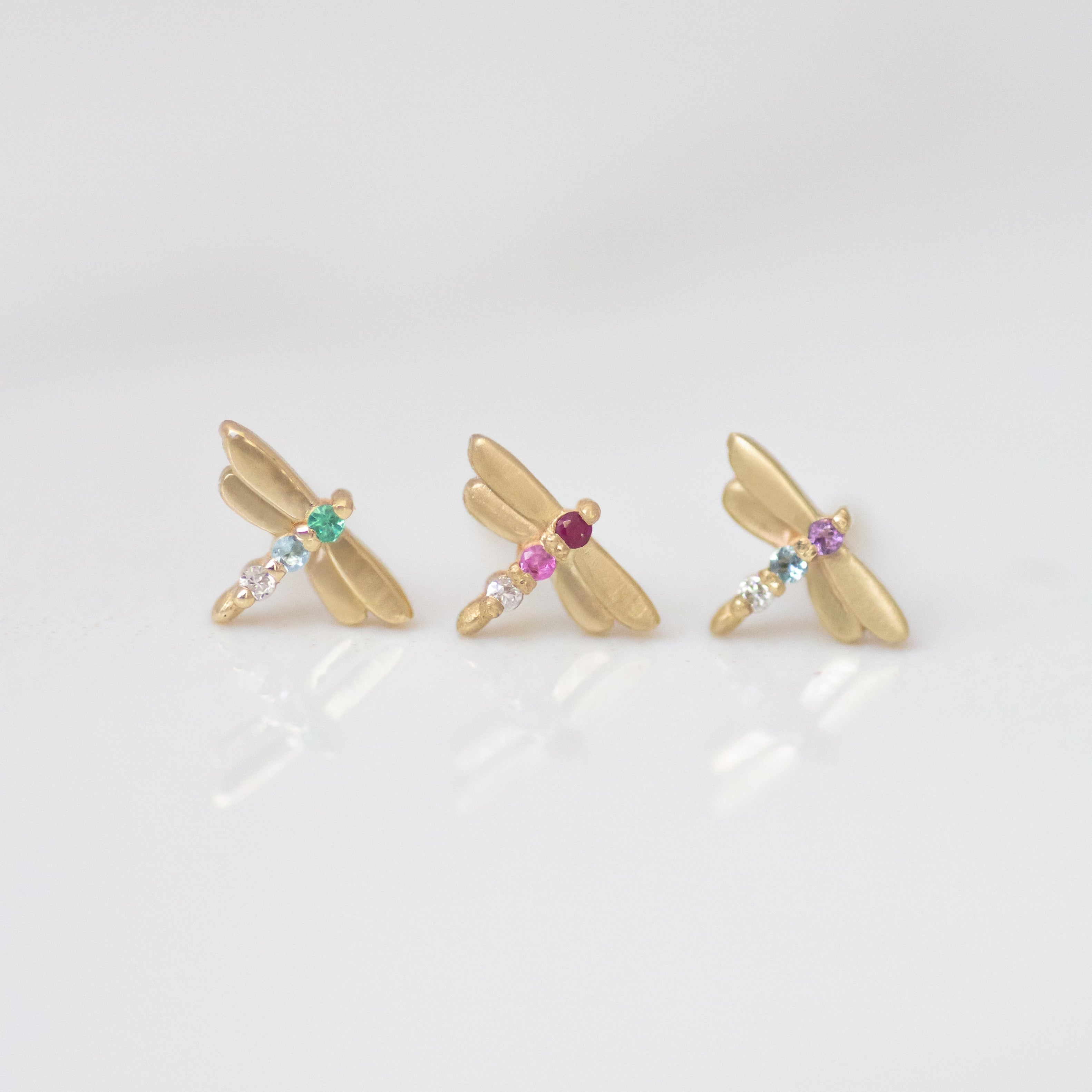 Dragonfly earring stud 14k gold - Ruby
