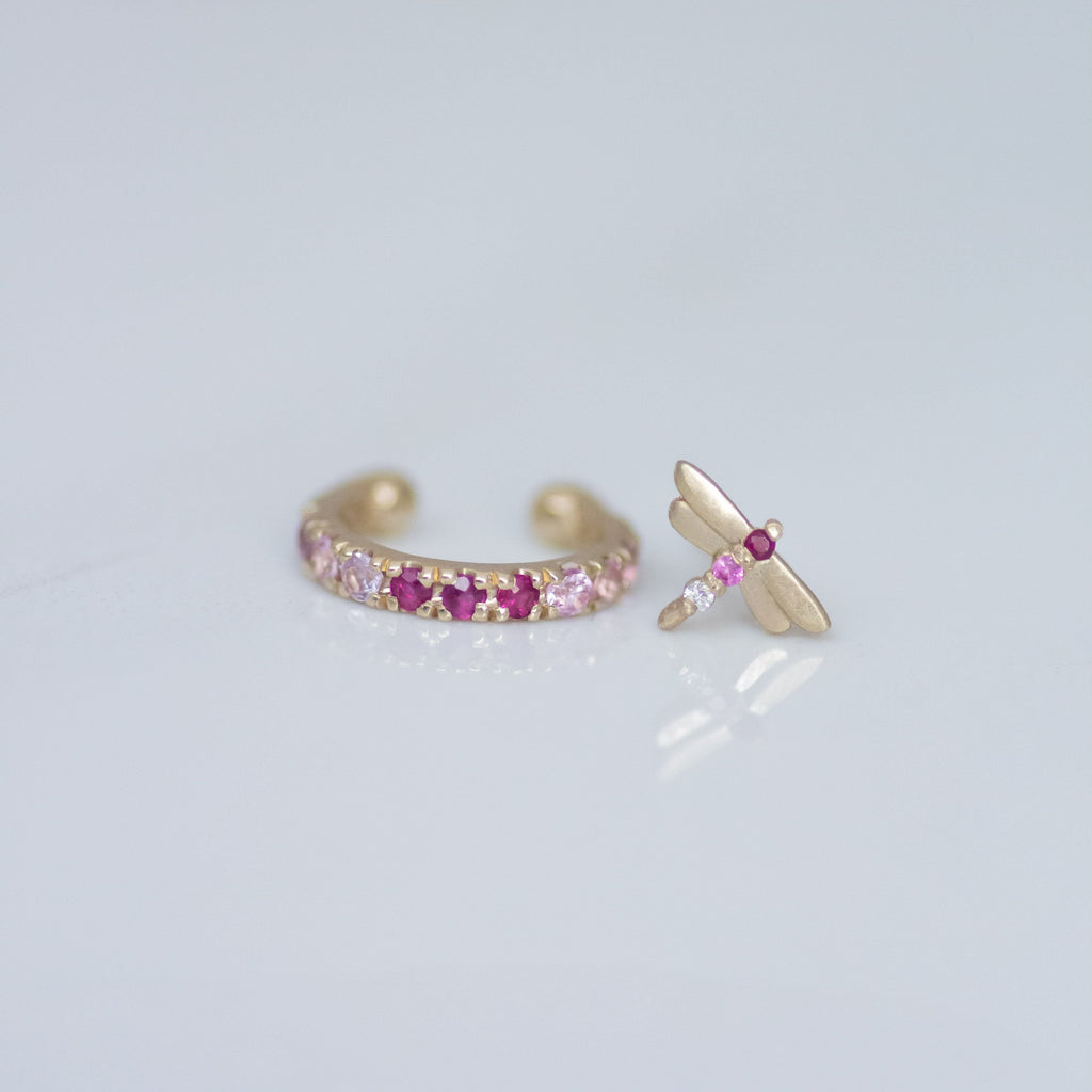Dragonfly earring stud 14k gold - Ruby