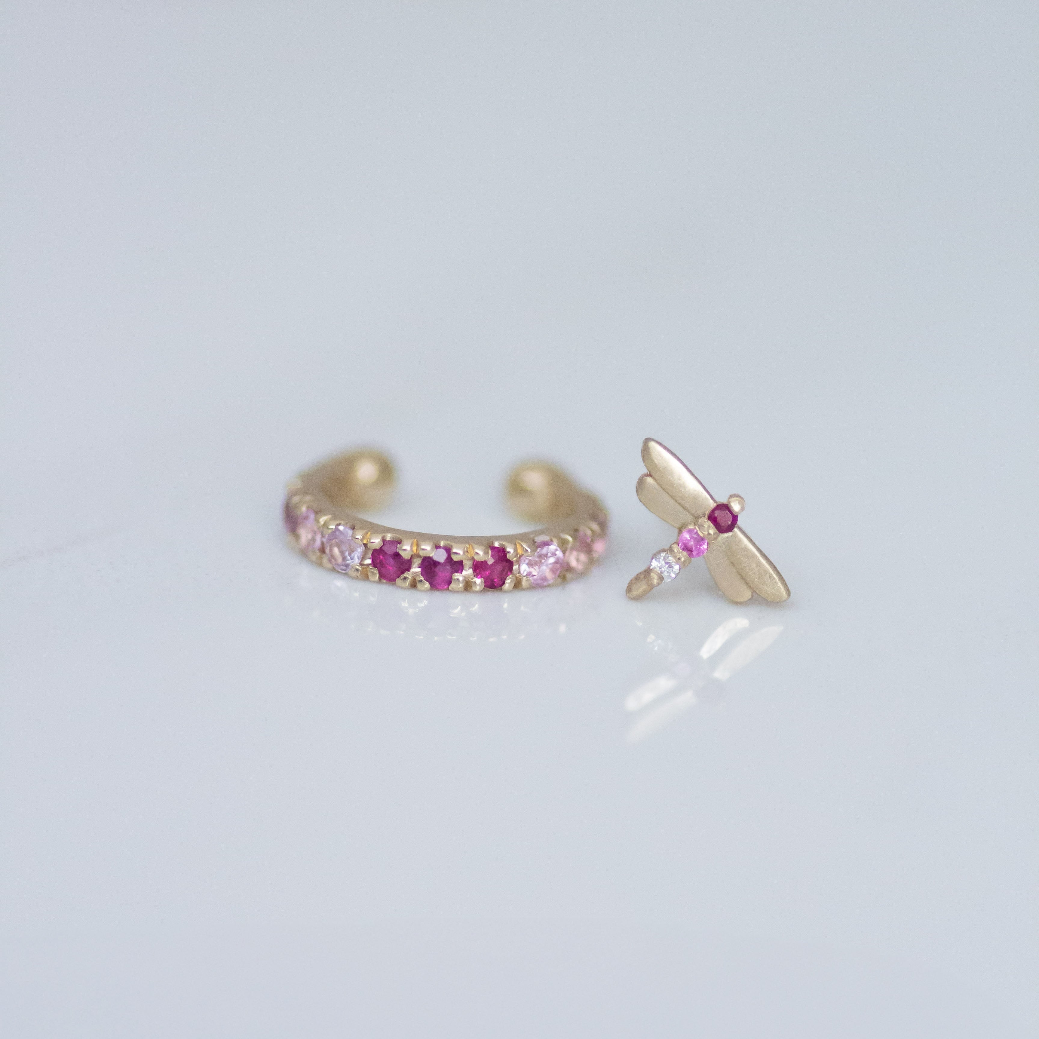 Dragonfly earring stud 14k gold - Ruby