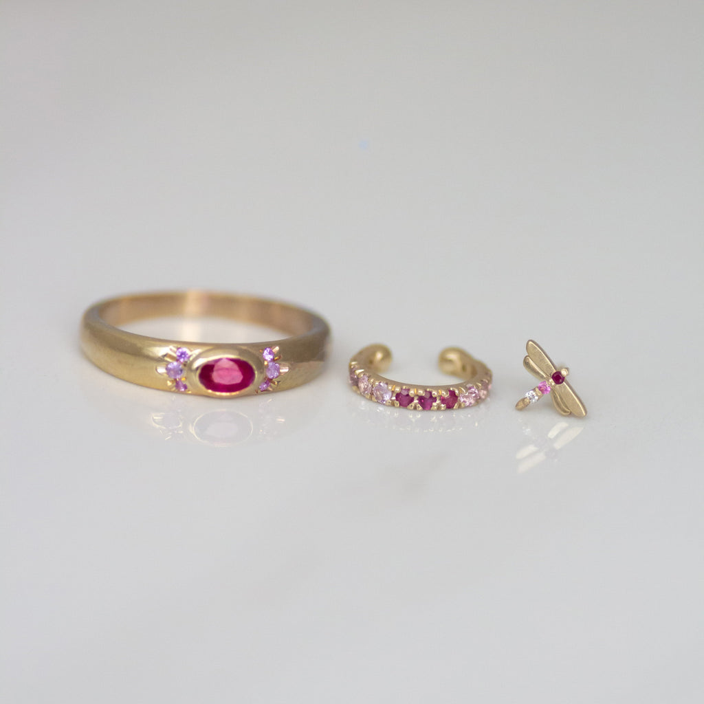 Dragonfly earring stud 14k gold - Ruby