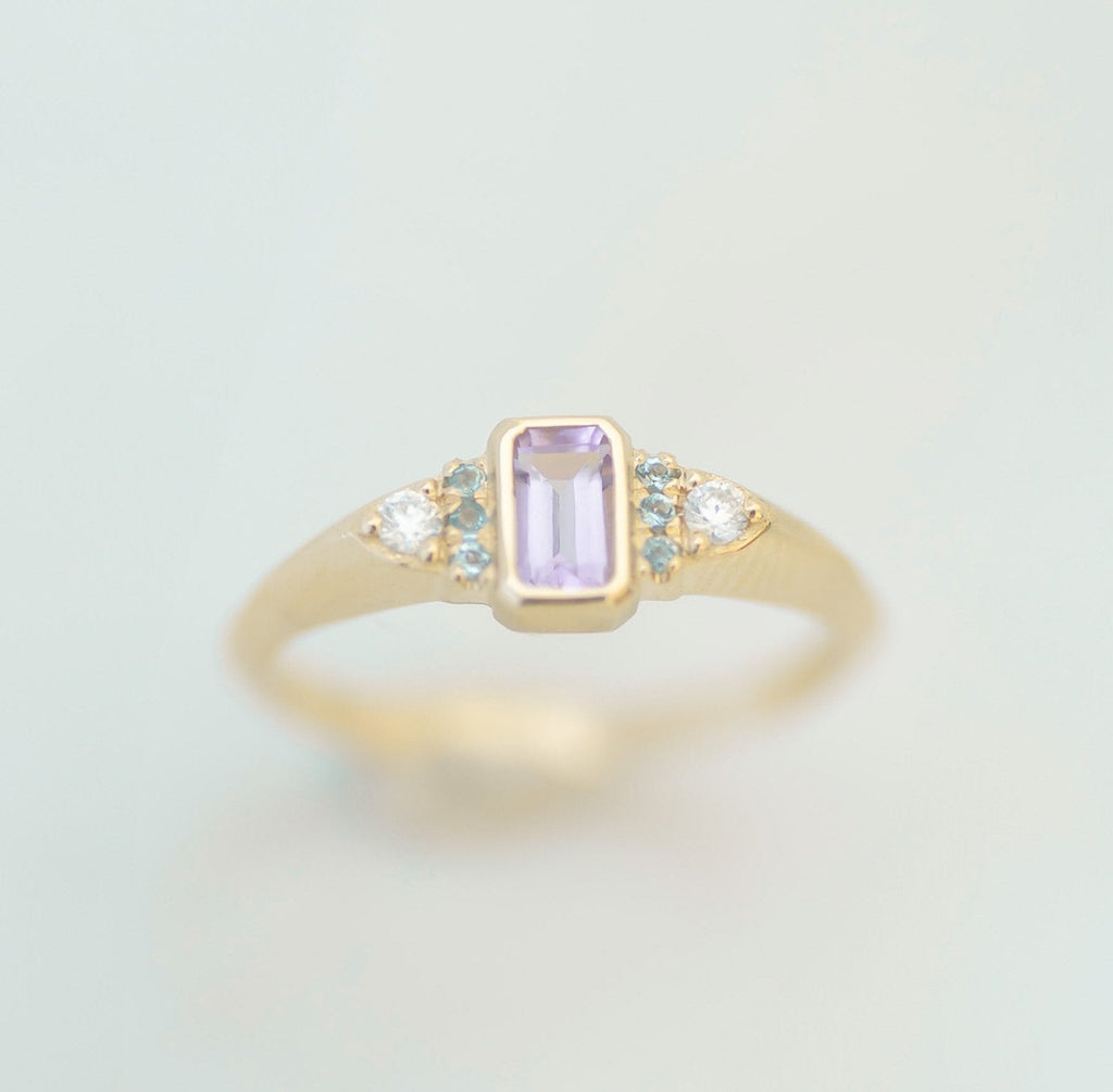 Amethyst Aqua signet ring 14k gold