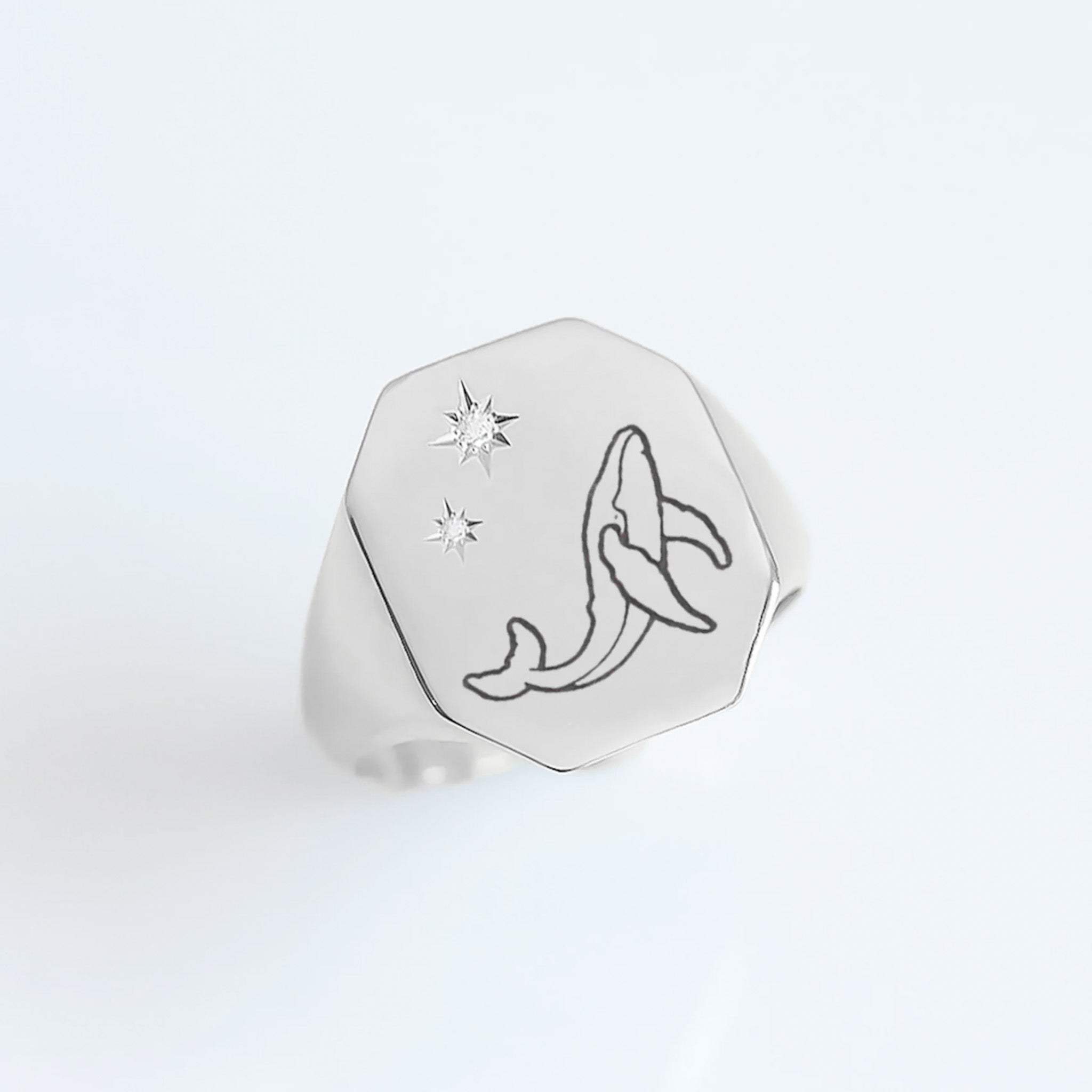 Whale & Stars signet ring silver
