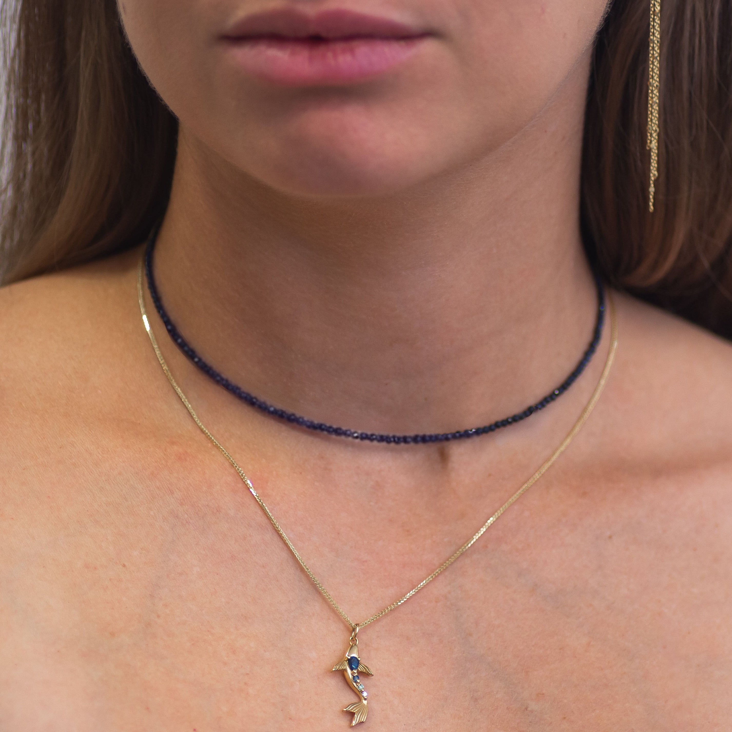 Navy Blue Sapphire Beaded Necklace in 14K Gold