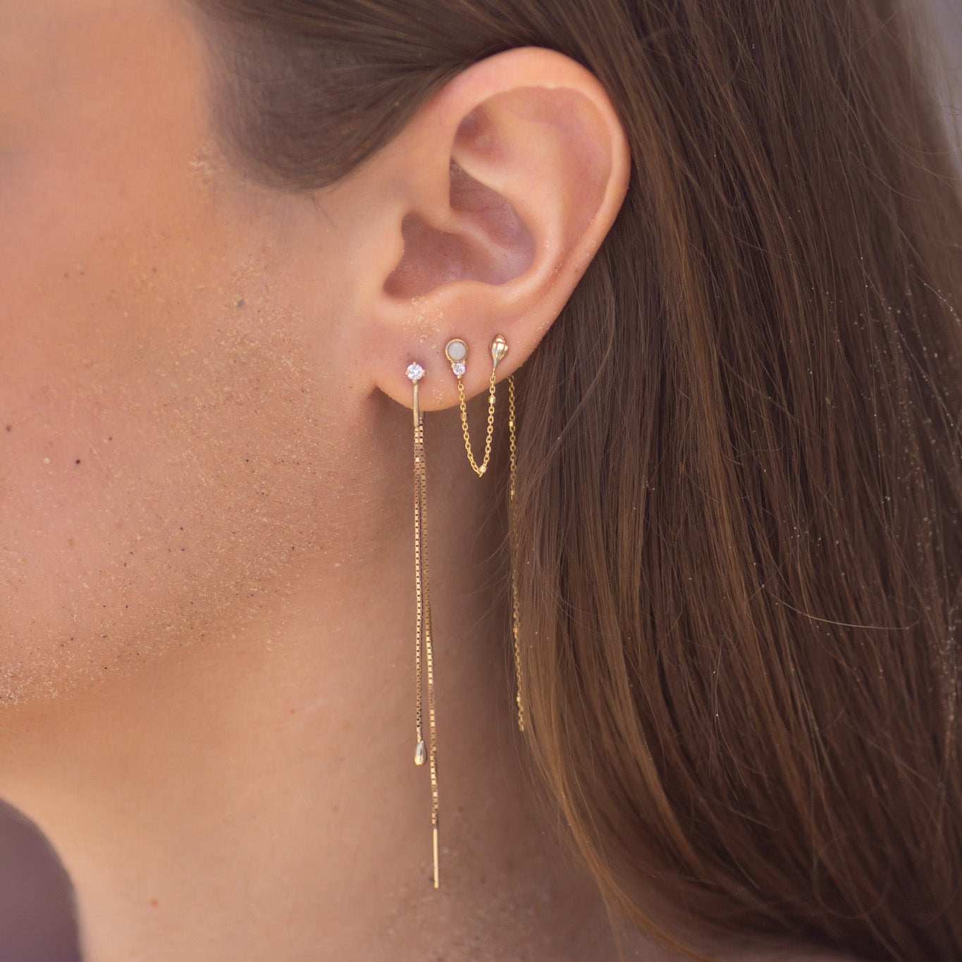 Conch Shell & Opal Chain Earrings in 14K Gold