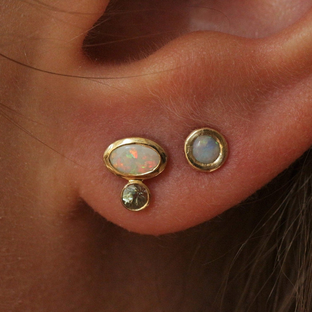 Opal & Green sapphire earring stud 14k gold