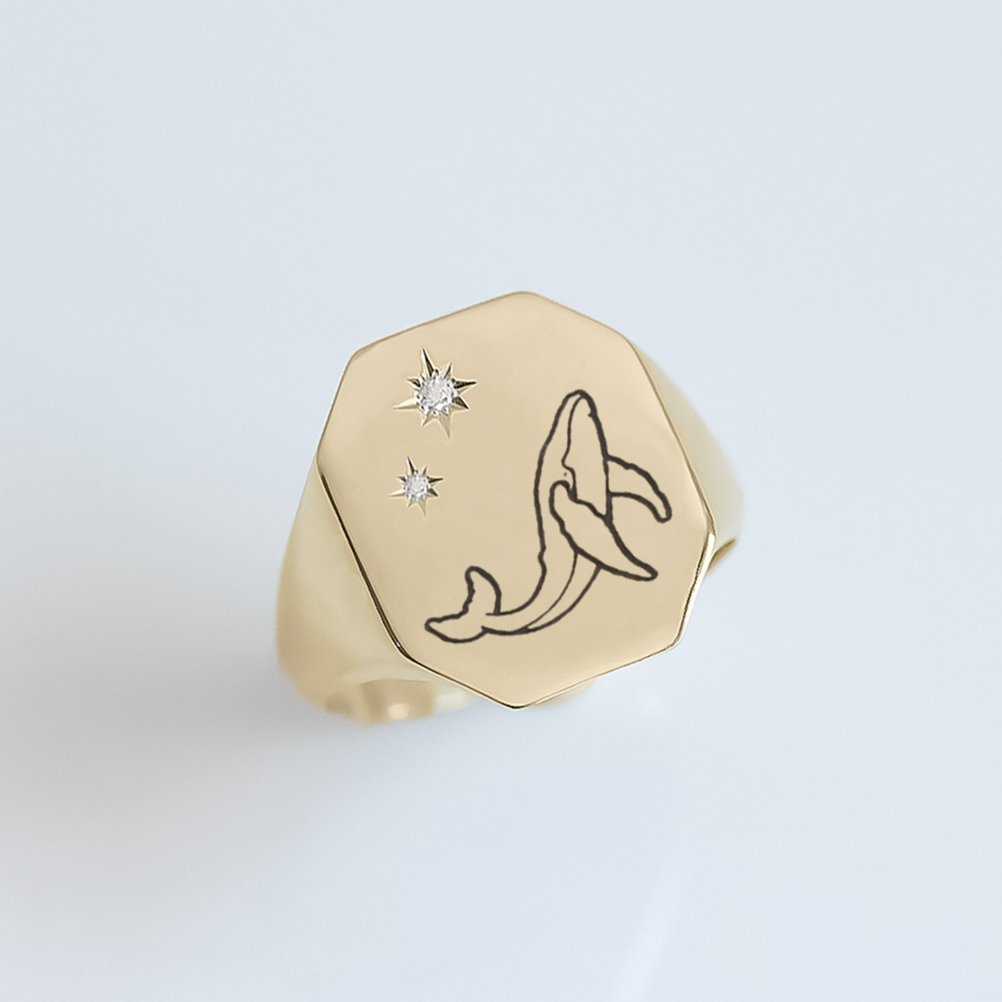 Whale & Stars signet ring 14k gold