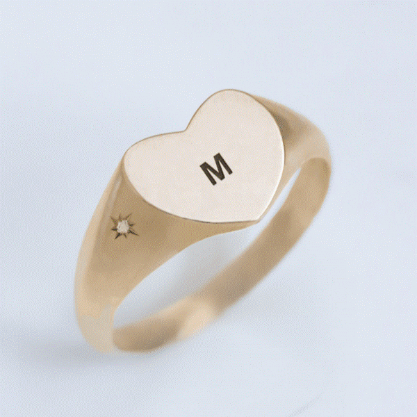 Custom Heart & Diamond signet ring 14k gold