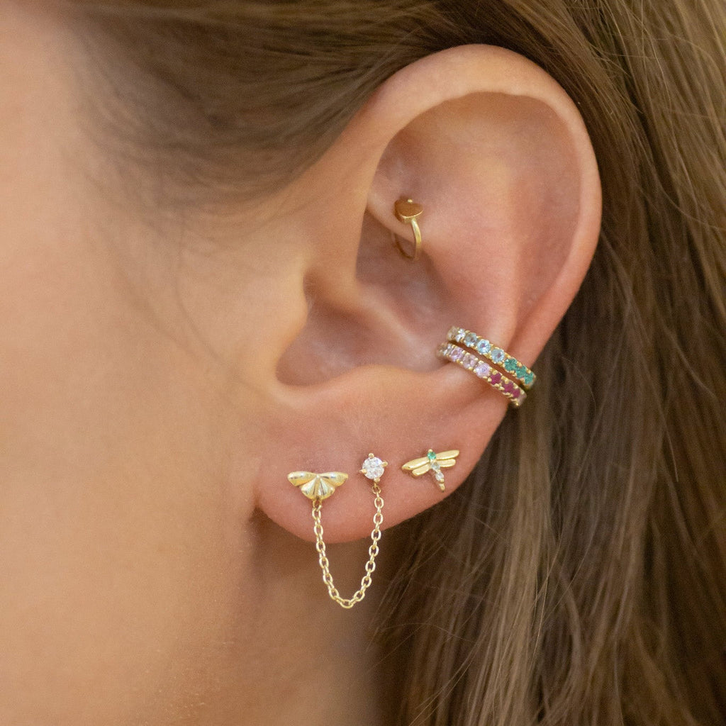 Dragonfly earring stud 14k gold - Emerald