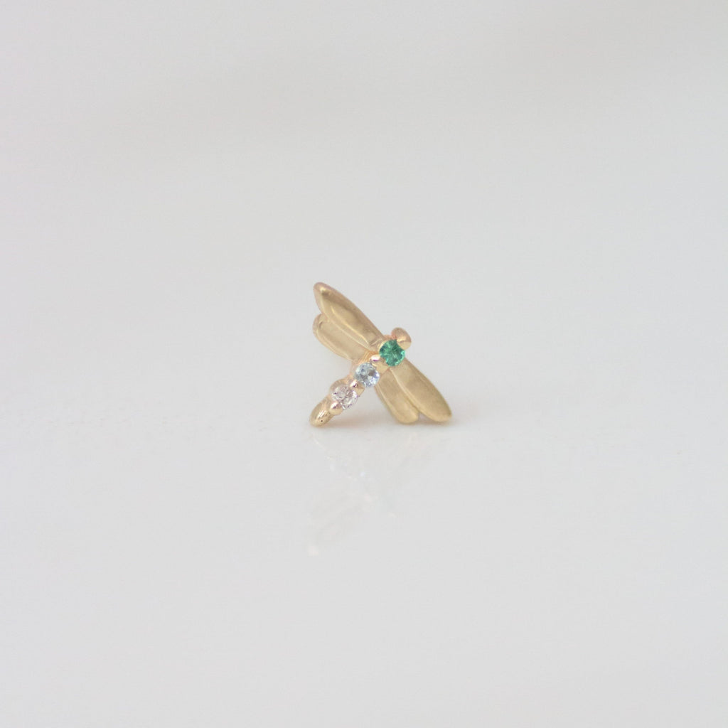 Dragonfly earring stud 14k gold - Emerald