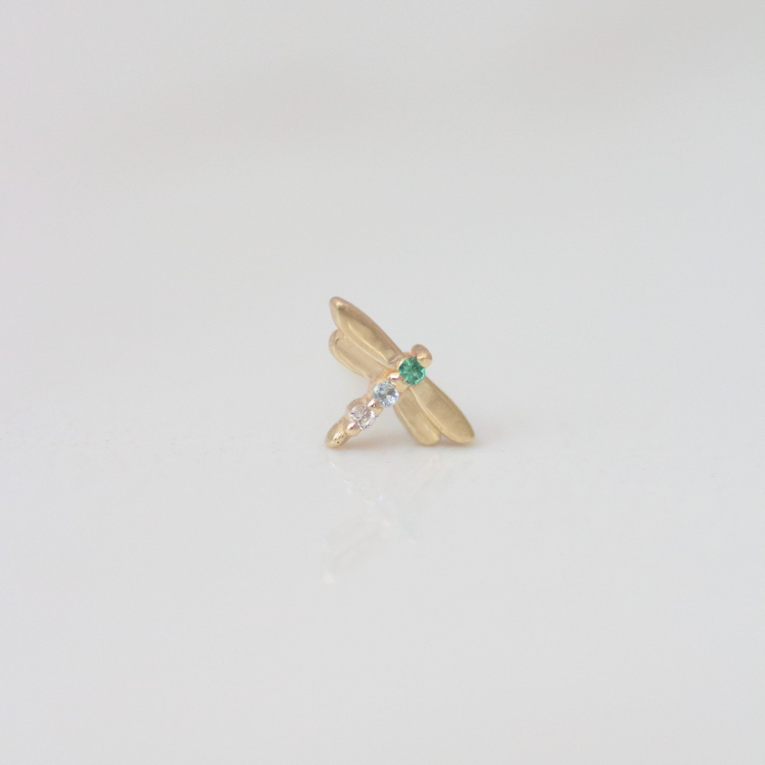 Dragonfly earring stud 14k gold - Emerald