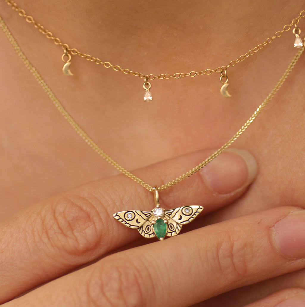 Moth Emerald Pendant 14k gold