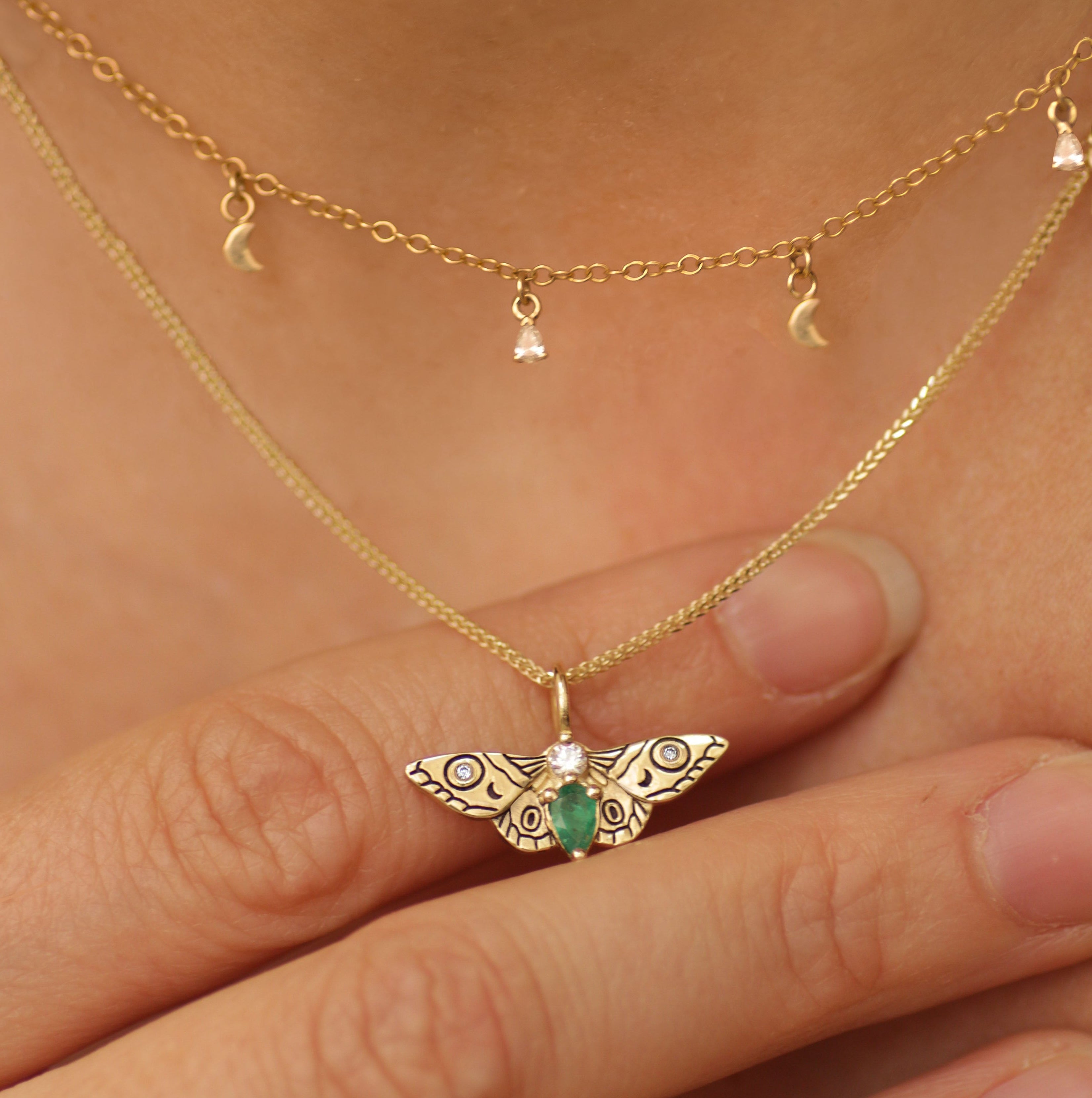 Moth Emerald Pendant 14k gold