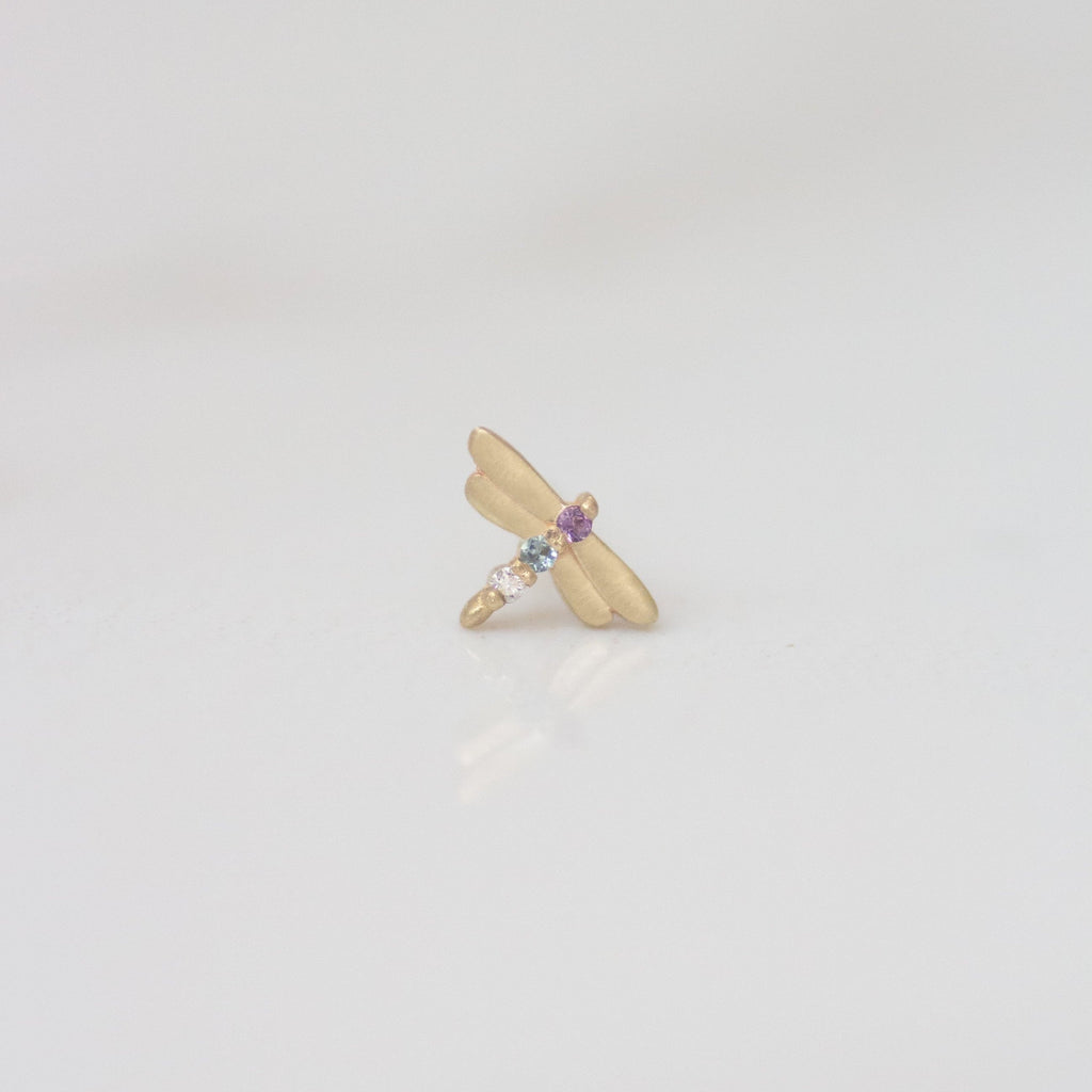 Dragonfly earring stud 14k gold - Amethyst