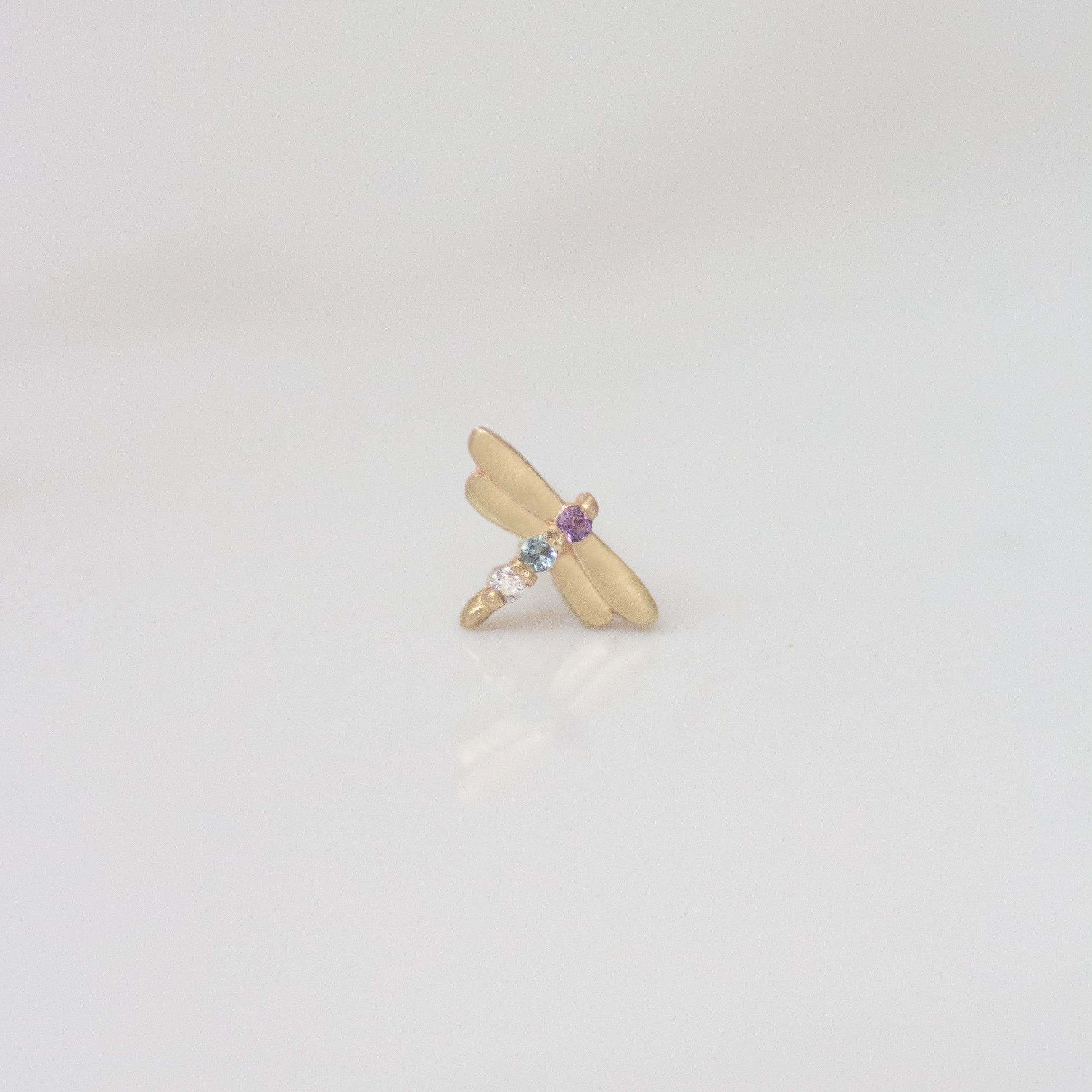 Dragonfly earring stud 14k gold - Amethyst