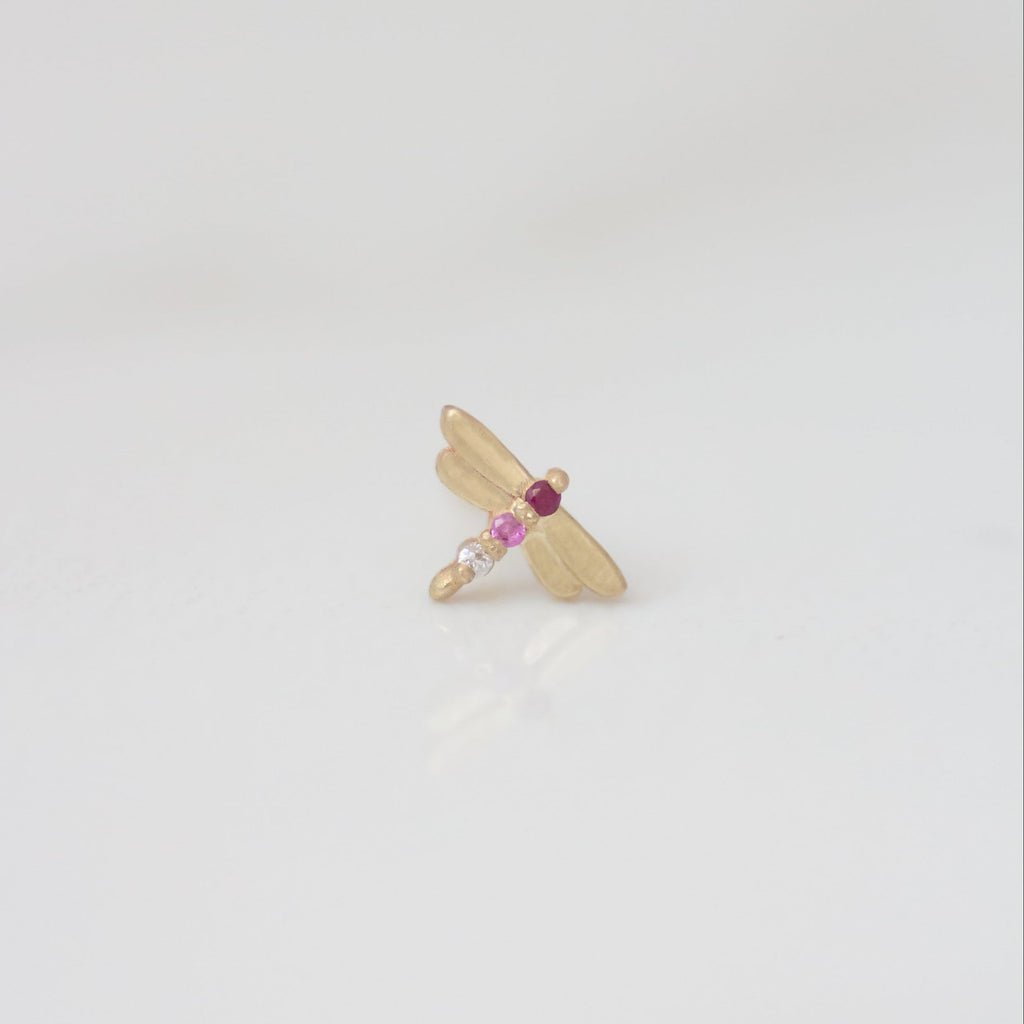 Dragonfly earring stud 14k gold - Ruby